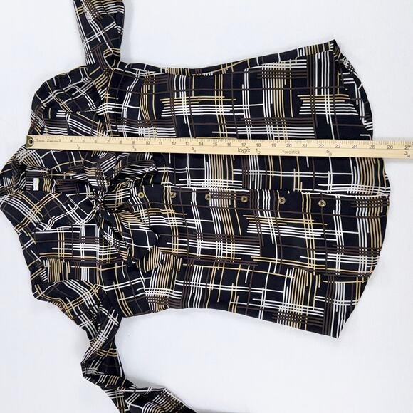 Trina Turk Women's Dame Abstract Plaid 100% Silk Tie Blouse Size 2 Black - Picture 12 of 12